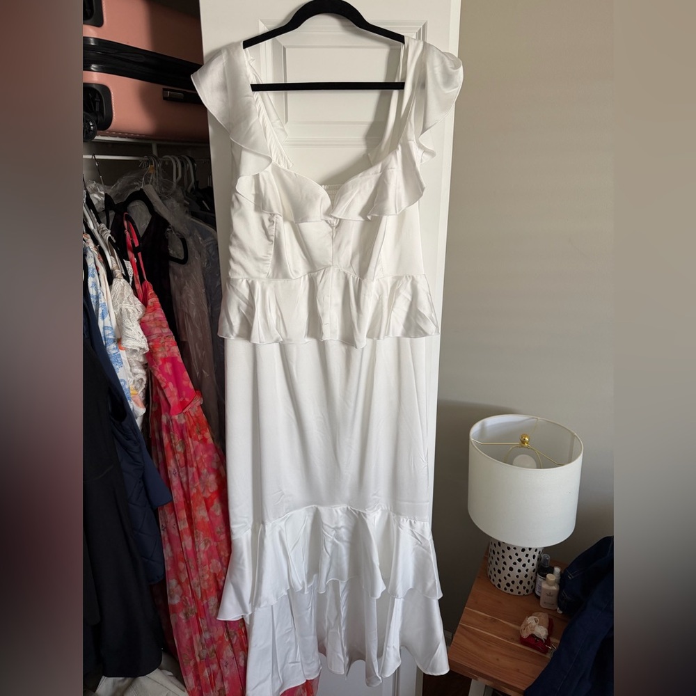 Show Me Your MuMu White Ruffled Midi Dress with Tiered Skirt